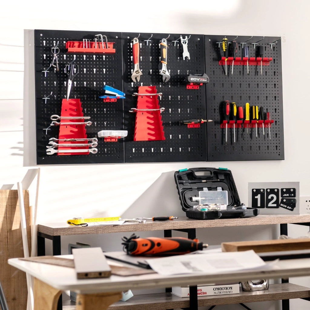 Organizer da parete in metallo con 3 pannelli forati 25 accessori, Kit per la conservazione degli attrezzi-Deposito utensili Tool