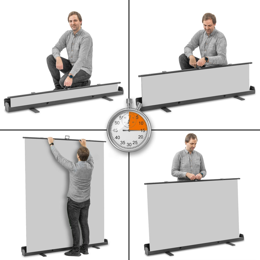 Fondale fotografico roll-up grigio 165x220, sfondo portatile con scatola di trasporto per fotoshooting, sistema autoportante, telo ingualcibile per studio fotografico