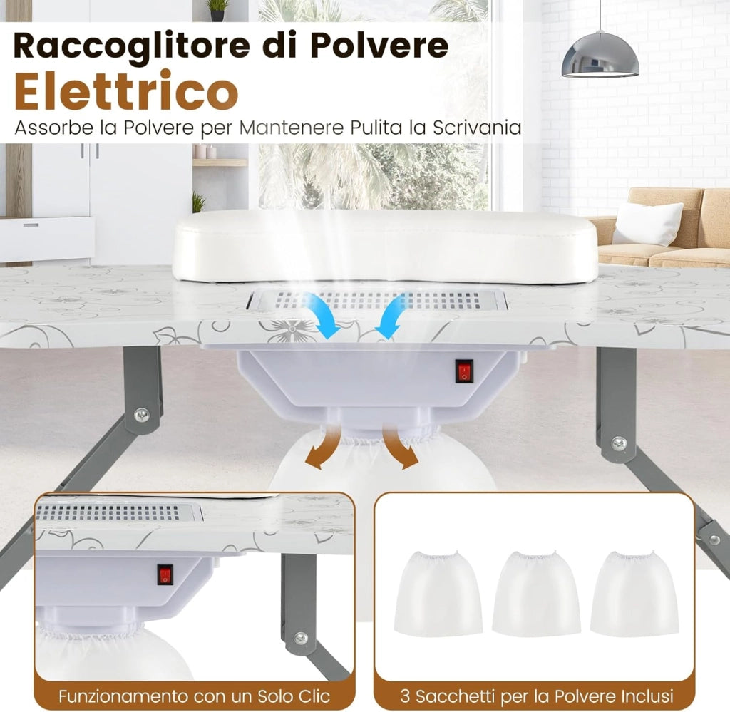 Tavolo per Manicure Pieghevole con Aspiratore, Tavolo per Unghie Portatile con Luce LED Regolabile, Cuscino Poggia Polso Rimovibile, Borsa da Trasporto e 4 Ruote Bloccabili