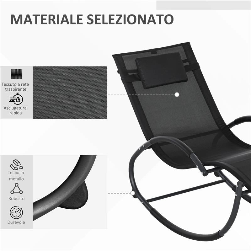 SEDIA SDRAIO A DONDOLO ZERO-GRAVITY DA ESTERNO IMPERMEABILE CON POGGIATESTA, 155X61X88 CM, NERO