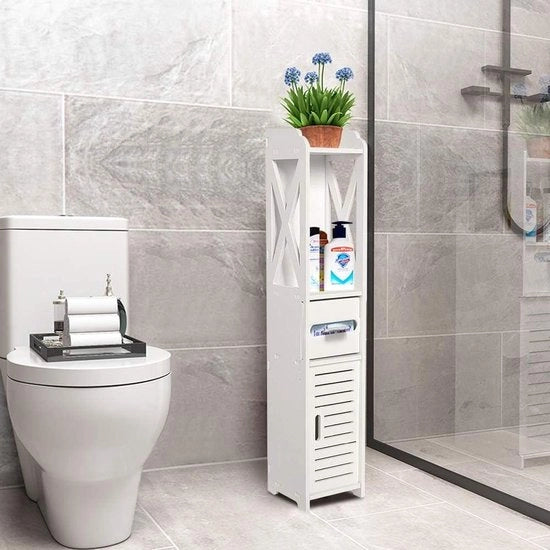 Cassa da Bagno 3 in 1 con Divano, Toilette e Deposito, in Legno Resistente all'Acqua, con Spazio per Asciugamani e Shampoo, con Sostegno per Cartucce.