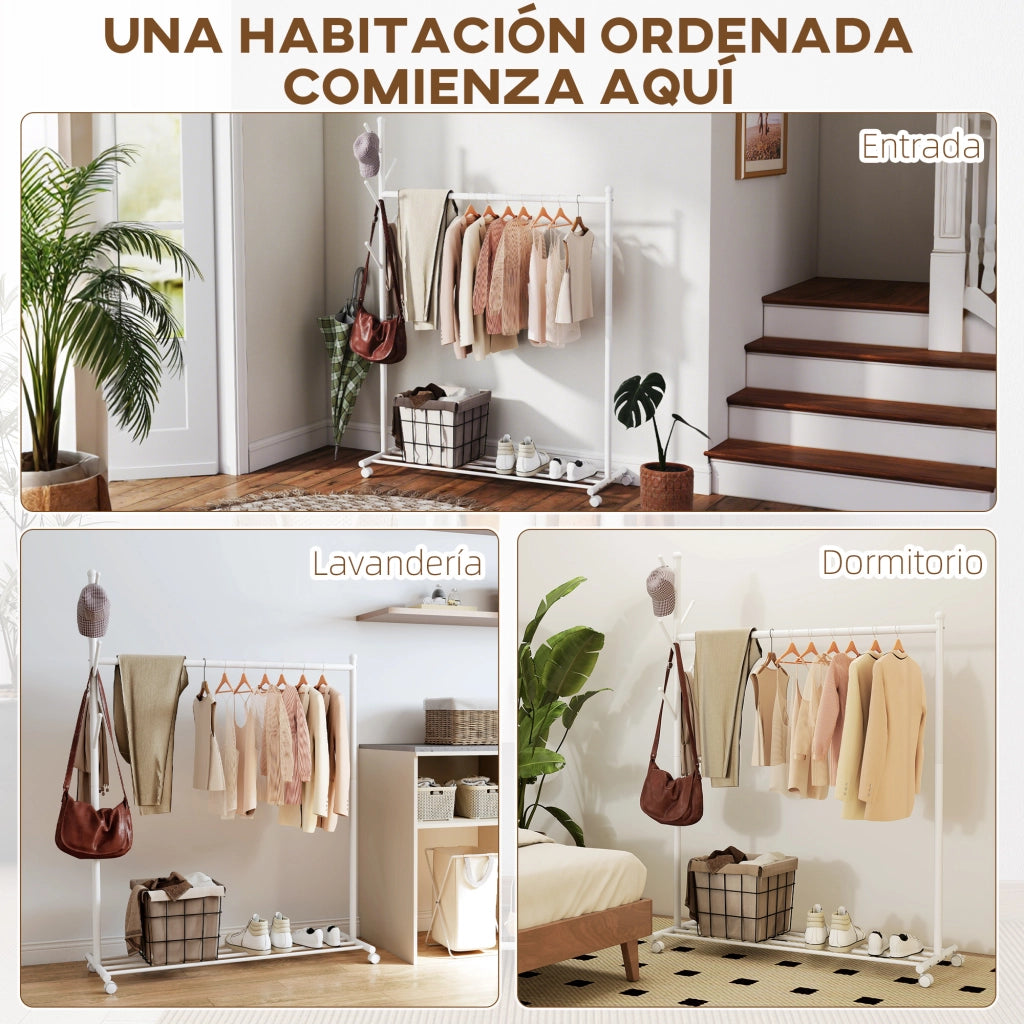Appendiabiti con rotelle 5 ganci e ripiano ¨C zephmum ¨C 120x43x171 cm bianco