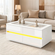 Tavolino da caffè moderno bianco 100x50x40 cm con 4 cassetti; LED; vetro temperato