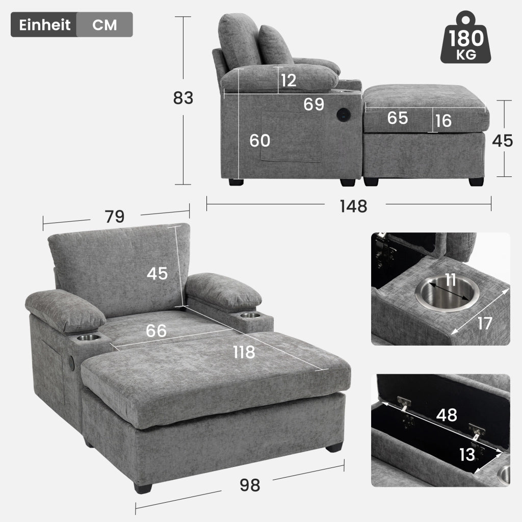 Chaise longue in ciniglia con portabicchieri, vano contenitore nei braccioli e supporto ergonomico grigio