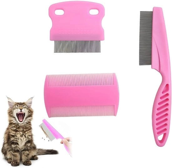 Set di 3 Spazzole per Gatti e Cani - Spazzola a Doppia Faccia con Denti Fini (Rosso)