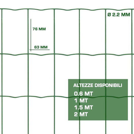 Rete per Recinzioni Metallica Plastificata Verde Resistente in Rotoli Formato: 10 mt x 0.6 H