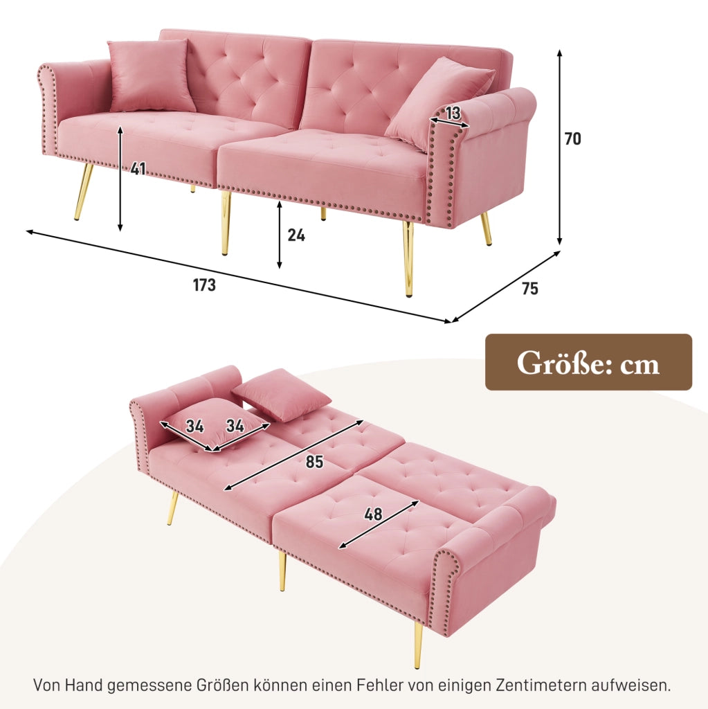 Divano letto 2 posti in velluto rosa con schienale reclinabile a 3 posizioni e piedini dorati
