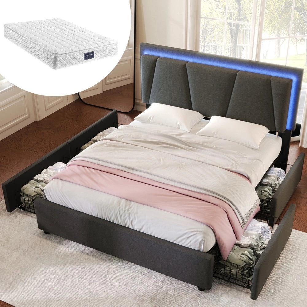 Letto Contenitore Imbottito con LED ¨C MINIMAL ¨C Grigio, 140x200, 4 Cassetti, Testiera Regolabile