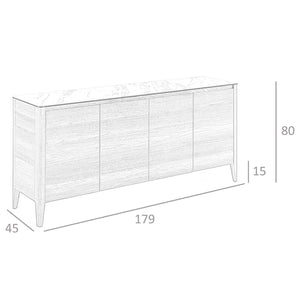 Credenza in noce con piano in vetro a imitazione del marmo
