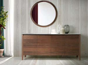 Credenza in noce con piano in vetro a imitazione del marmo