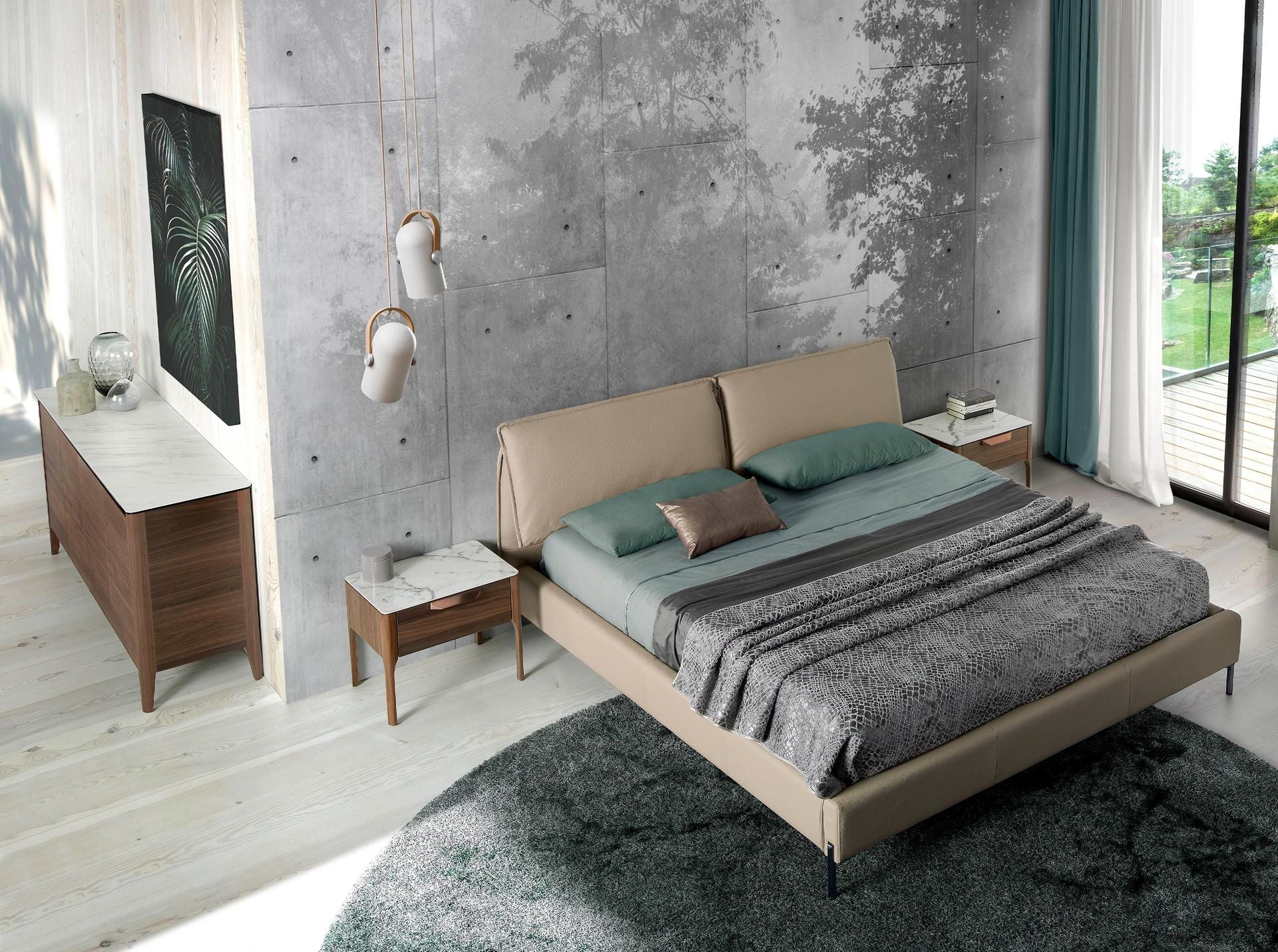 Credenza in noce con piano in vetro a imitazione del marmo