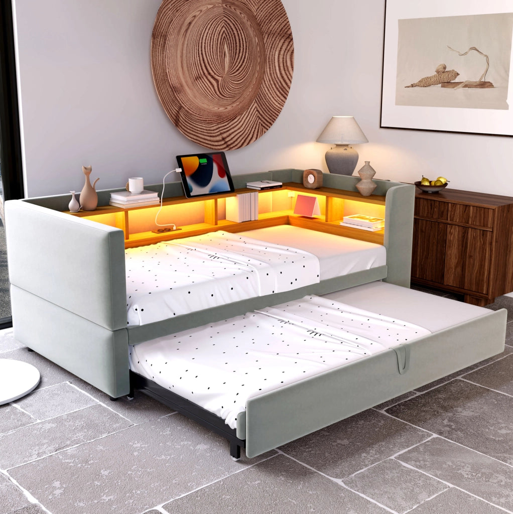 Divano letto 90/180 x 190 cm; con vani portaoggetti; Flanella; Grigio chiaro