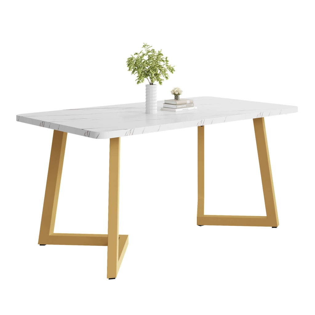 Tavolo da pranzo rettangolare in MDF effetto marmo con gambe in ferro dorato per cucina e soggiorno 117 × 68 × 75 cm