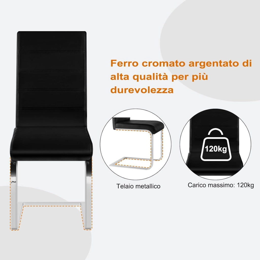 Set di 4 Sedie per Sala da Pranzo, Sedie da Cucina Moderne con Schienale Alto, Sedie Cantilever Imbottite Ergonomiche per Soggiorno, Ufficio, in PU, Nero, BH378sz-4