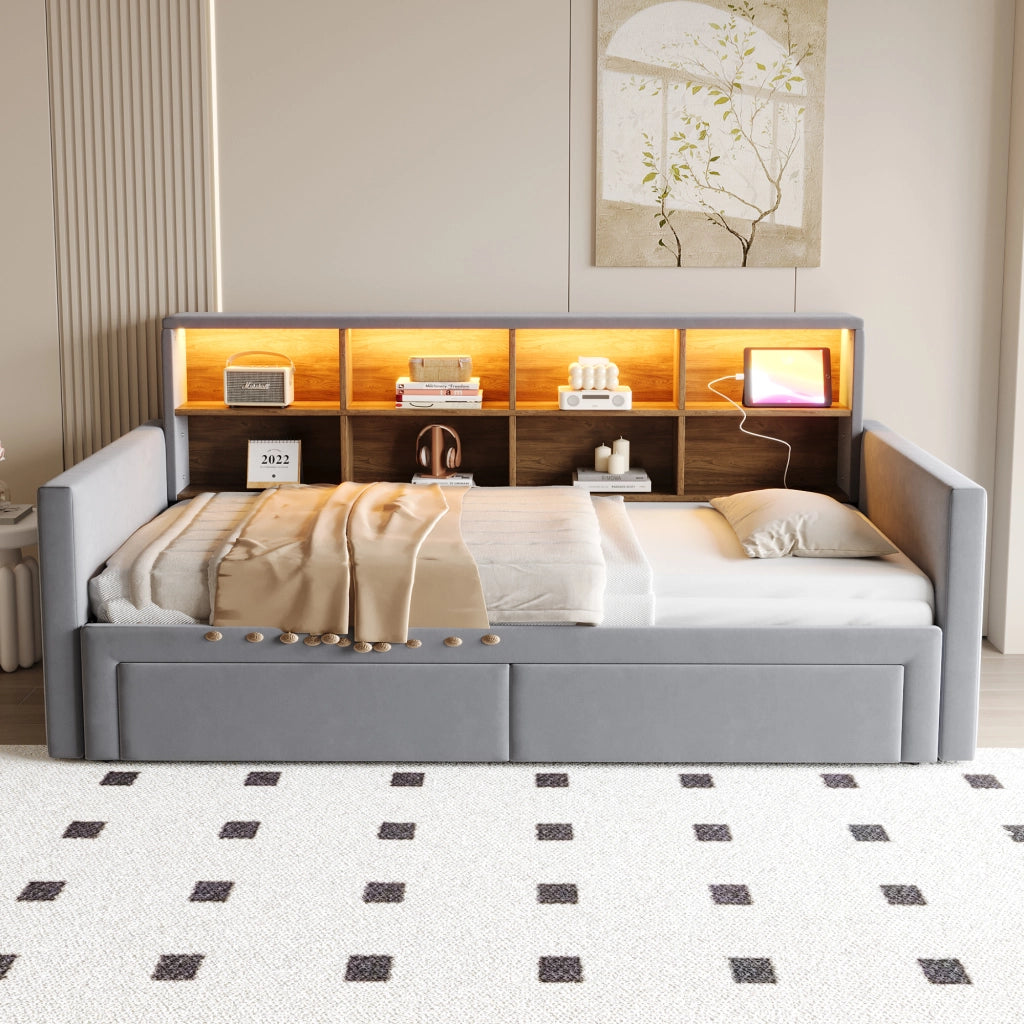 Letto Estraibile 1-2 Posti con Contenitore; 2 Cassetti; LED; USB e USB-C; 90×190 e 180×190 cm; senza Materasso