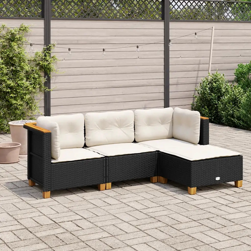Set Divani da Giardino 4 pz | Set Salotto da Giardino con Cuscini Nero in Polyrattan