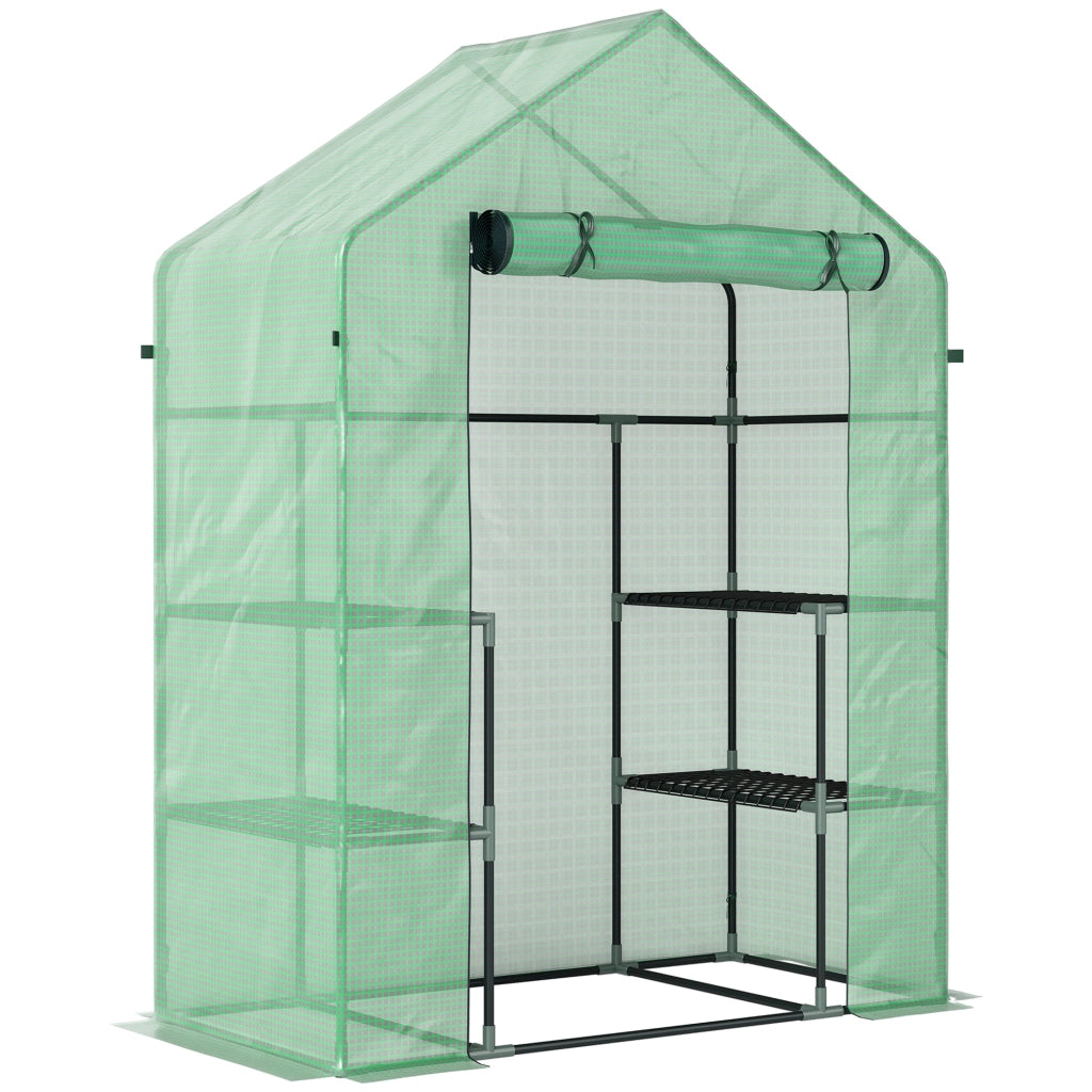 Serra da Giardino 142x73x195 cm con 2 Mensole a 3 Livelli e Ingresso a Zip in Acciaio e PE Verde