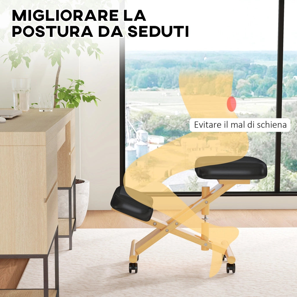 Sedia Ergonomica Posturale con Inginocchiatoio Altezza Regolabile 42x70x42-52 cm in Legno Nero