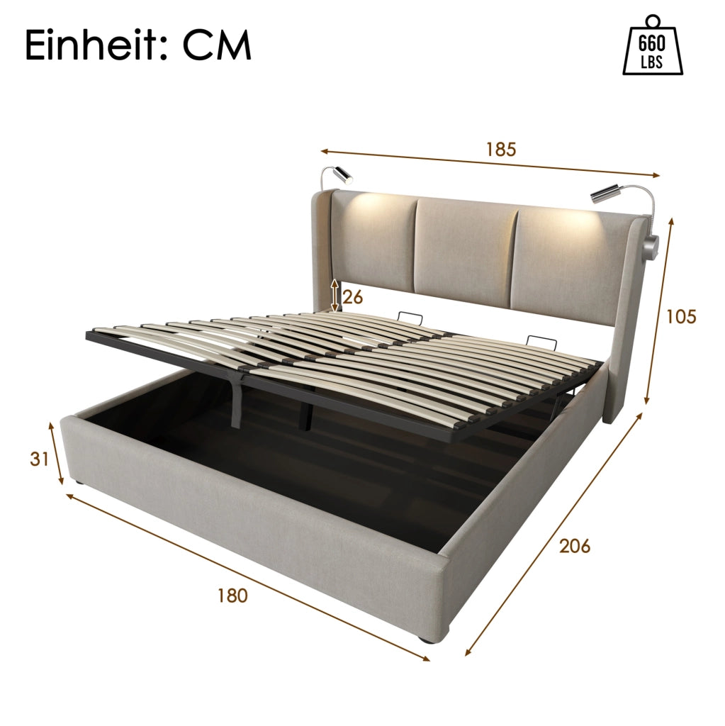 Letto matrimoniale 180x200 cm con contenitore; luce da lettura LED e USB; in lino beige