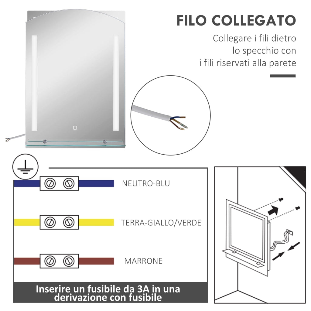 Specchio Bagno a Parete Luce LED a 3 Colori Mensola in Vetro 50x12x70 cm