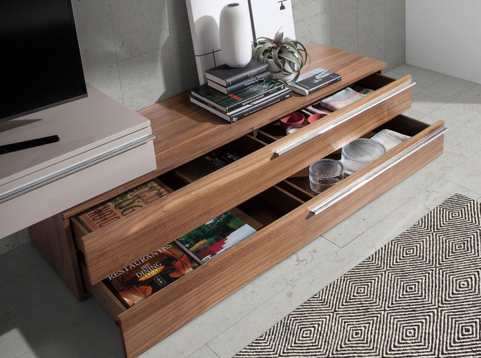 Mobile TV in legno beige, noce e acciaio cromato