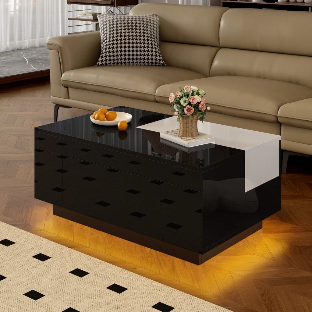 OKWISH Tavolino da Caffè Moderno con Piano Estensibile e Cassetto Nascosto, LED Bluetooth, per Soggiorno, MDF, Nero e Bianco, 80×50×35,5 cm
