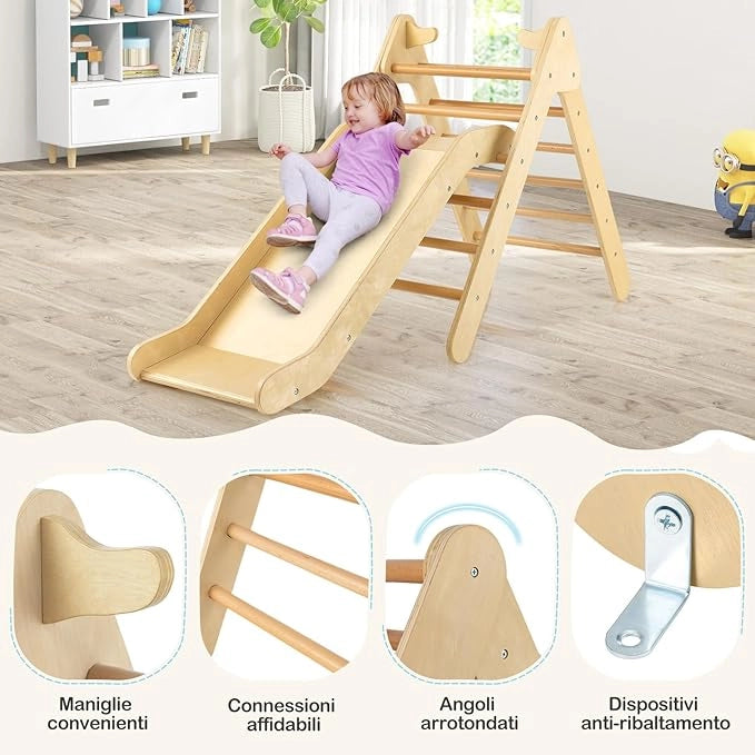 2 in 1 Set da Arrampicata con Scivolo per Bambini, Triangolo di Arrampicata in Legno Regolabile a Gradi, Giocattolo per Arrampicarsi all’Interno, 1 Anno+ (Naturale)
