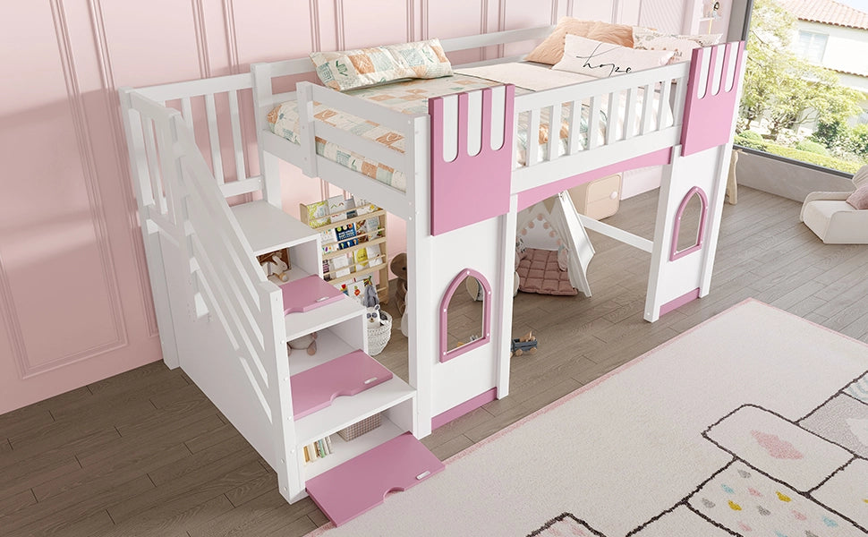 LETTO A SOPPALCO con scala contenitore e finestre 90x200 cm bianco e rosa