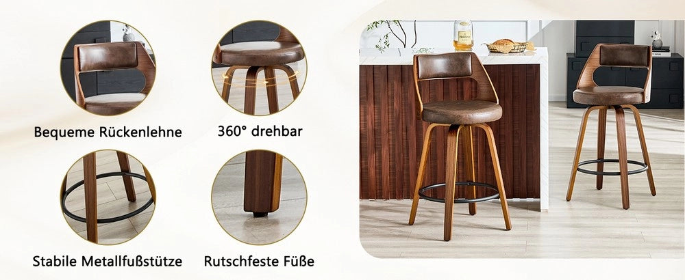 Set 2 Sgabelli da Bar con Schienale ¨C MINIMAL ¨C Legno e Ecopelle, 92 cm