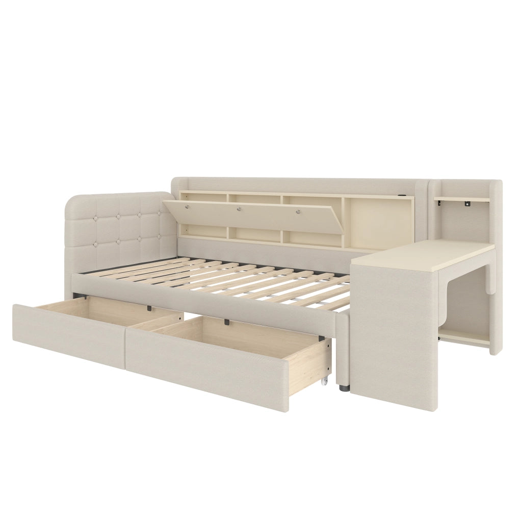 Letto singolo 90×200 cm con 2 cassetti; scrivania; USB; Type-C e contenitore a ribalta; senza materasso; lino beige