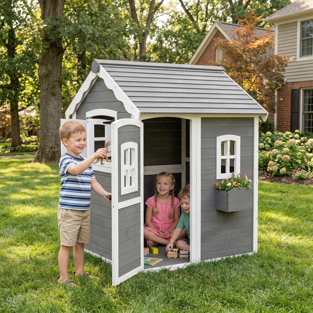 Casetta per Bambini 3-8 Anni con 6 Finestre e Fioriera, in Legno di Abete, 104.5x110x137 cm, Grigia