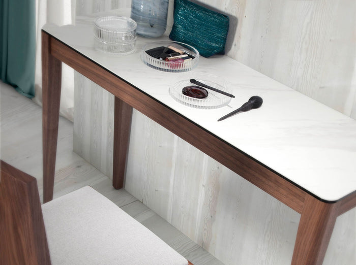 Consolle rettangolare in marmo porcellanato e noce