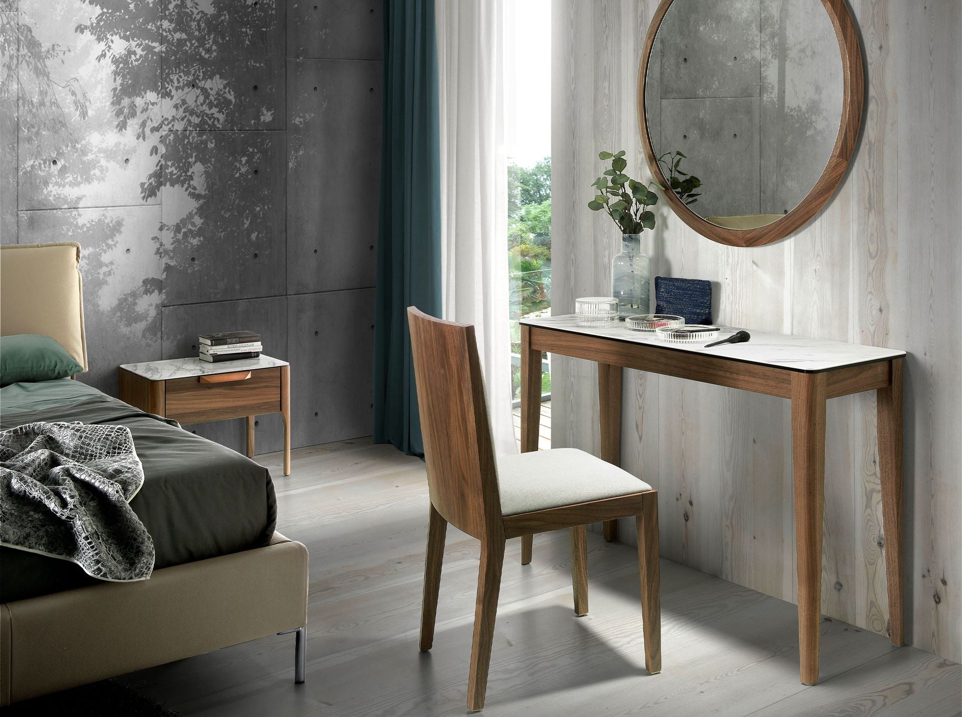 Consolle rettangolare in marmo porcellanato e noce