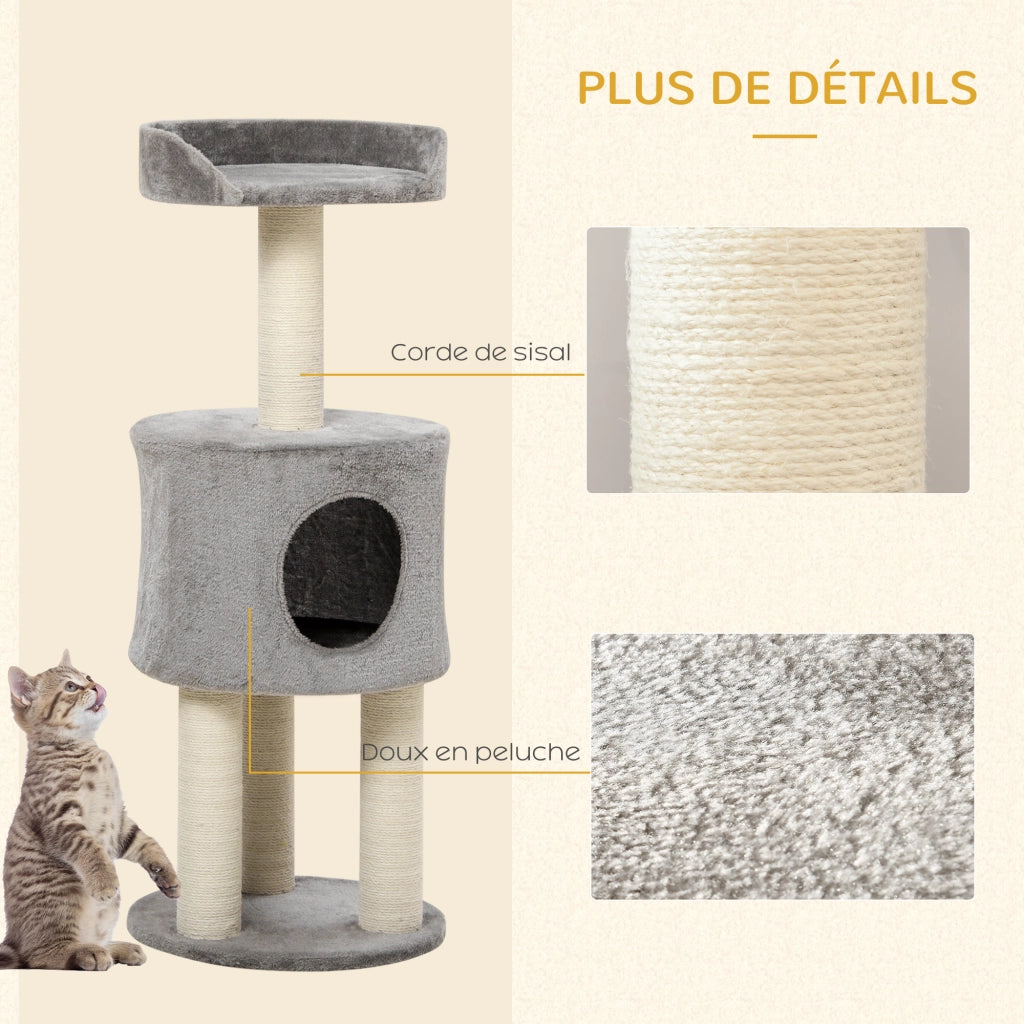 Albero tiragraffi per gatti con piattaforma e nicchia ¨C zephmum ¨C grigio naturale altezza 103 cm