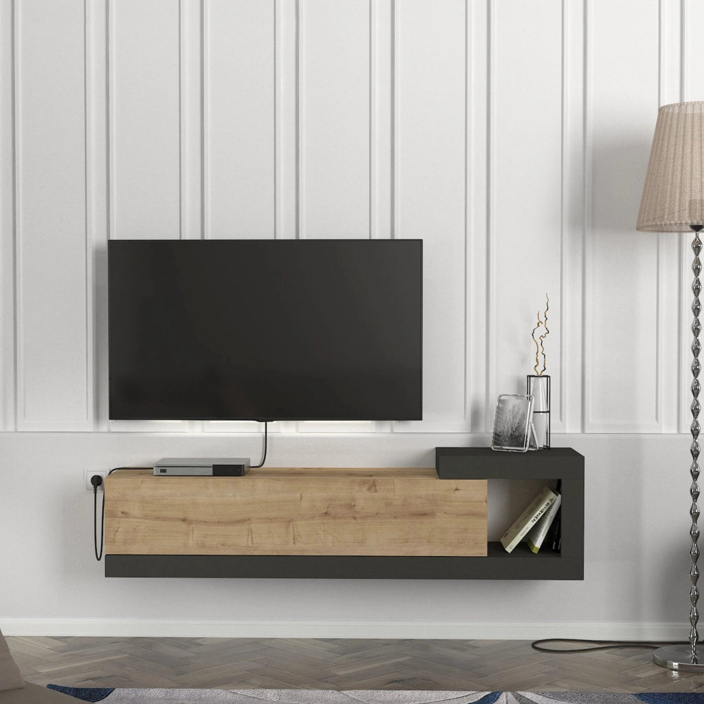 Mobile TV Sospeso 150 x 29,5 x 38,5 cm Mobile Porta TV a Parete Supporto TV a Muro con Anta a Ribalta e Scomparto Laterale Aperto - Effetto Rovere / Antracite [en.casa]
