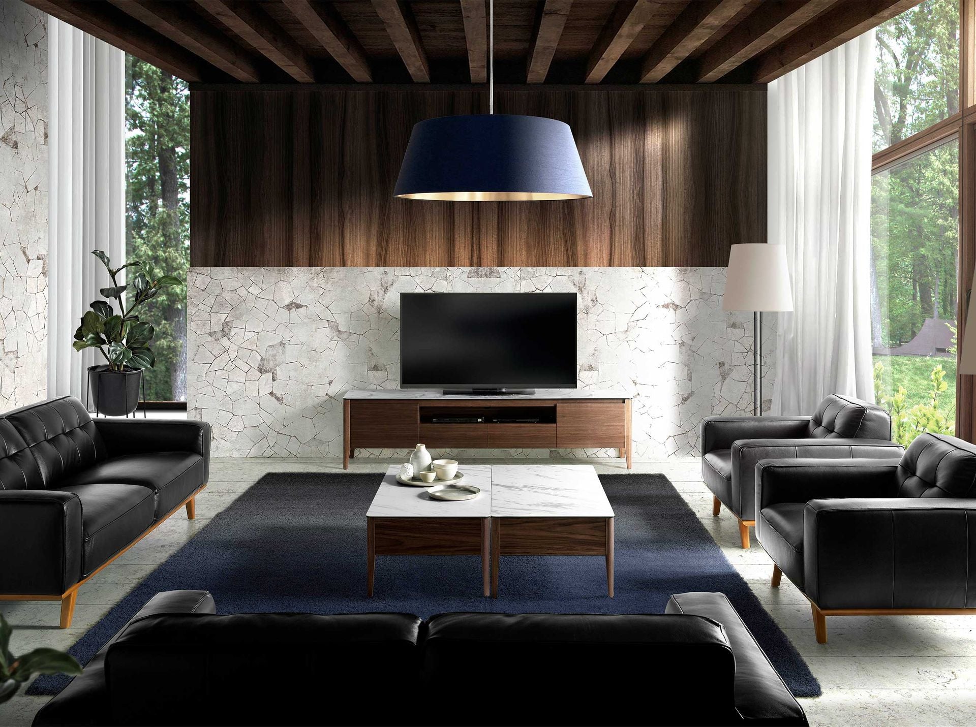 Porta TV in noce con piano in vetro a imitazione del marmo