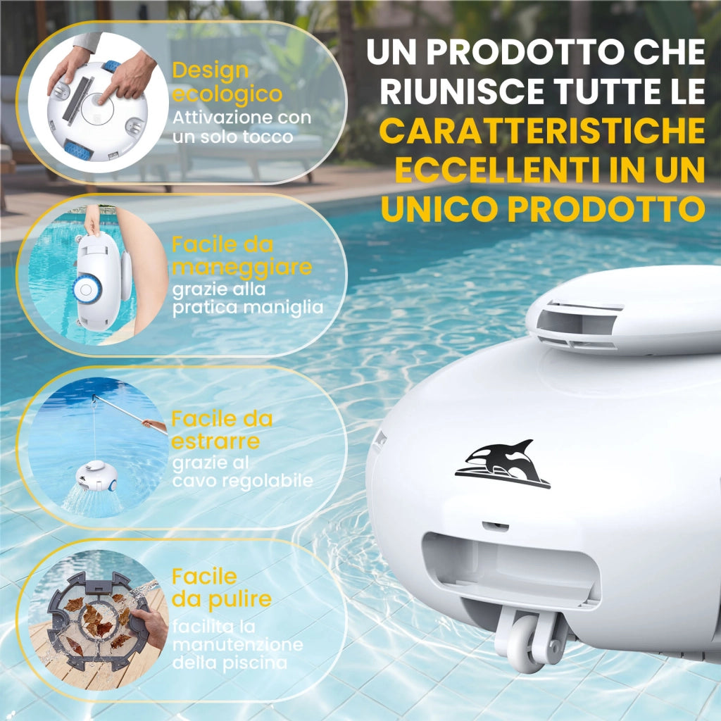 Robot pulitore per piscine, autonomia di 120 minuti, in grado di arrampicarsi sulle pareti della piscina, potente aspirazione, parcheggio automatico.