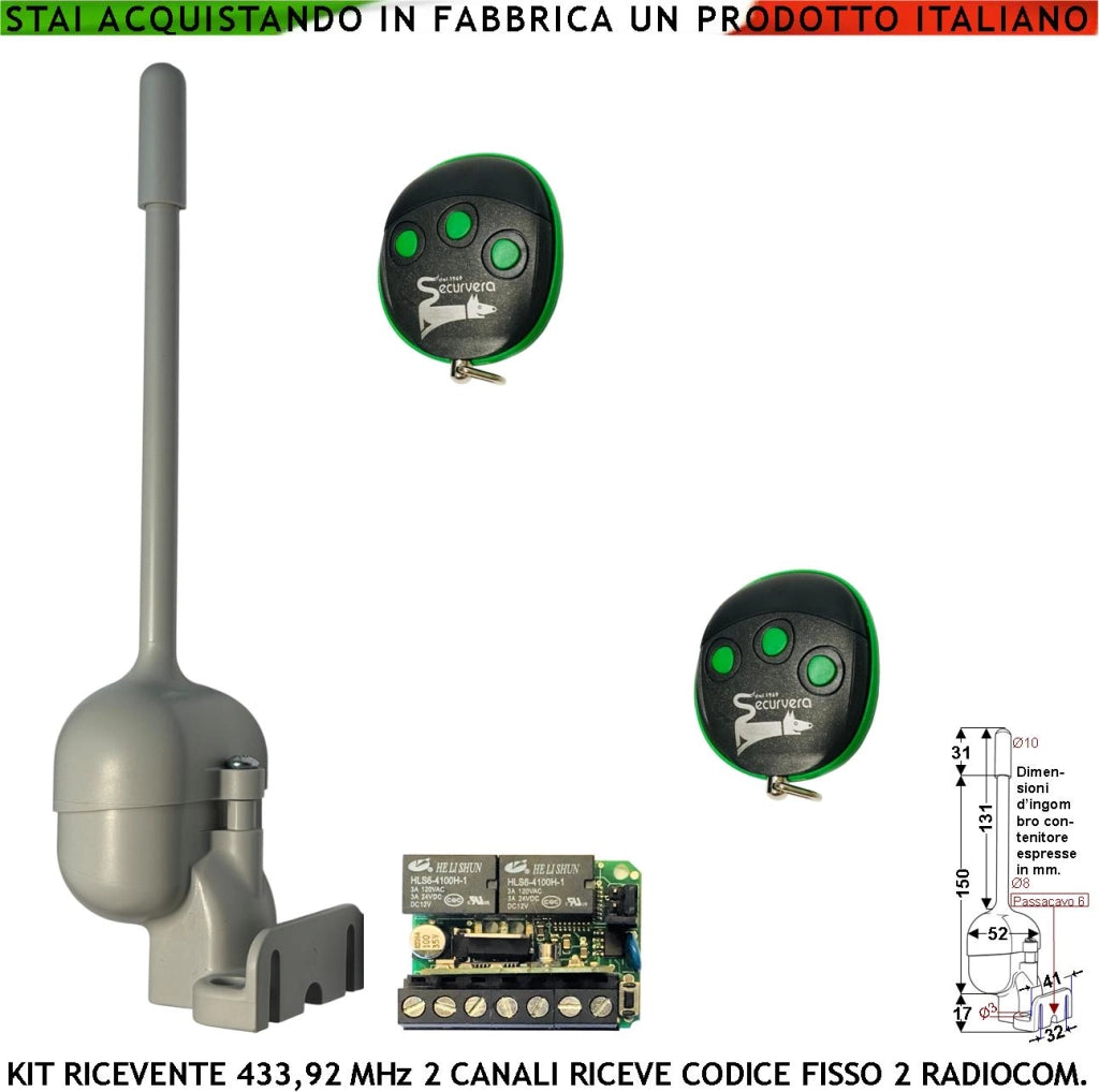 Kit Ricevente Radio Bicanale Frequenza 433,92 MHz 2 Radiocomandi Codice Stealth Oppure Apprende 180 la Base Del Rolling Code 2 Relè Impulsivi o Stabili ON-OFF Alimentazione 12/24 Vac Prot. IP55
