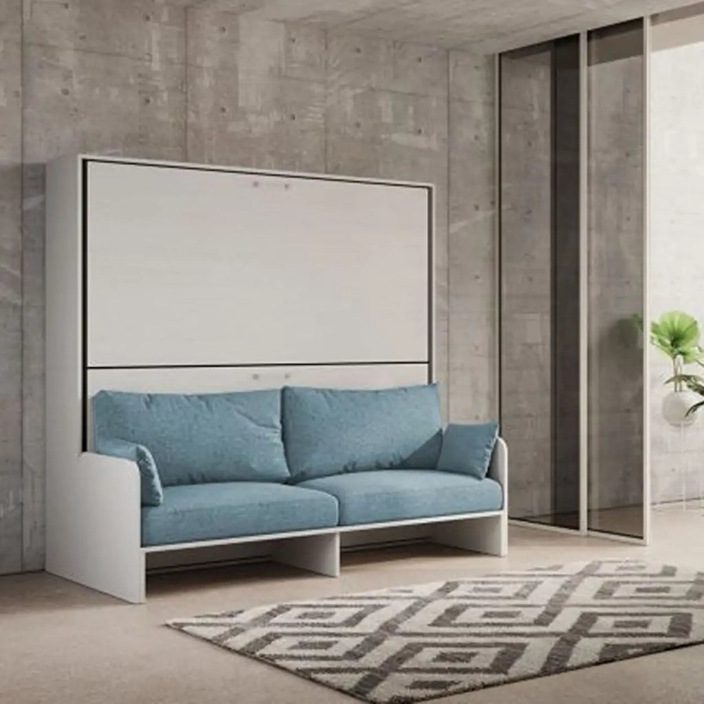 Letto doppio a scomparsa Kando con divano bianco frassino, azzurro
