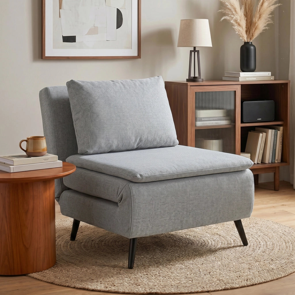 Poltrona Letto 75x88x78 cm con Schienale Regolabile e Cuscino in Tessuto Effetto Lino Grigio Chiaro
