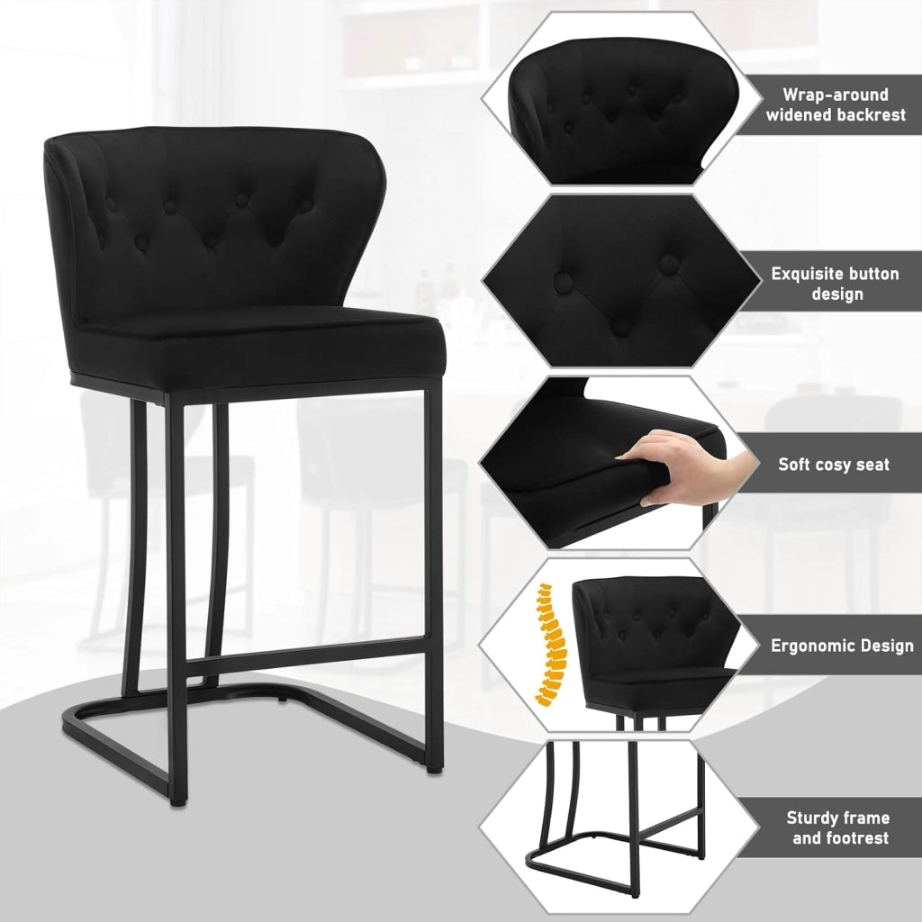 Set di 2 Sgabelli da Bar con Schienale, Sedie Sala Pranzo con Poggiapiedi Ergonomica per Cucina, Camera da Letto, Soggiorno, Sedie in Velluto e Gambe in Metallo, Nero, BH383sz-2