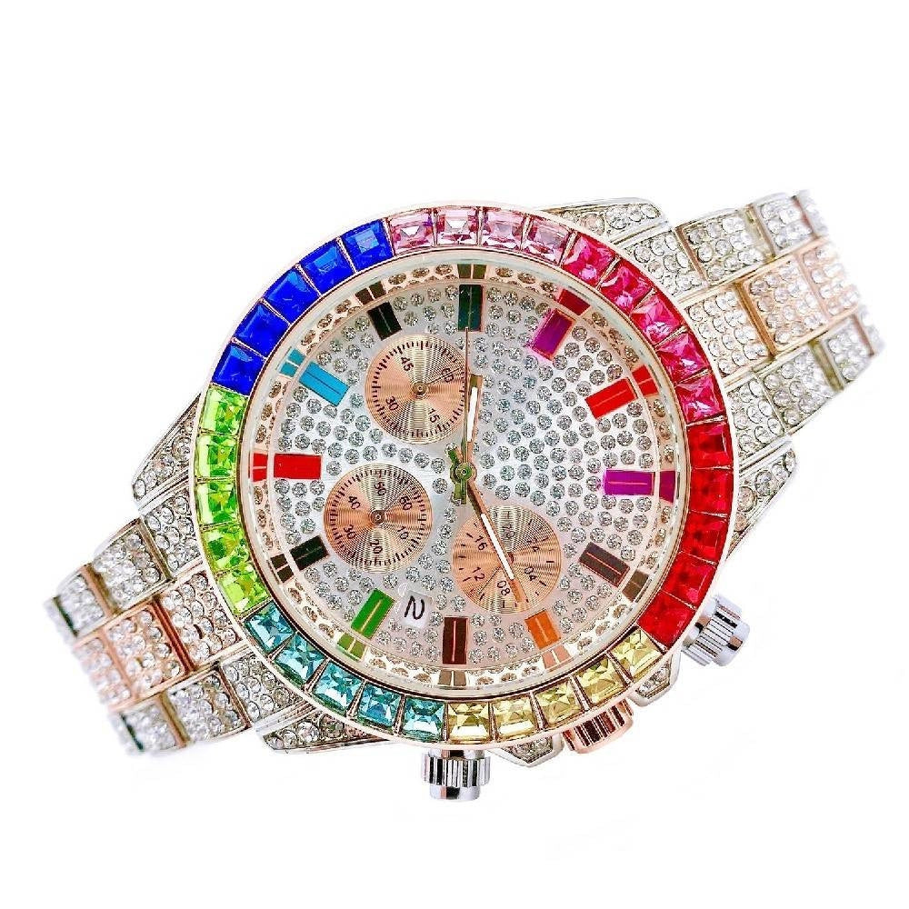 Trade Shop - Orologio Polso Unisex Quarzo Acciaio Diamond Strass Silver Rosa Ghiera Colorata -