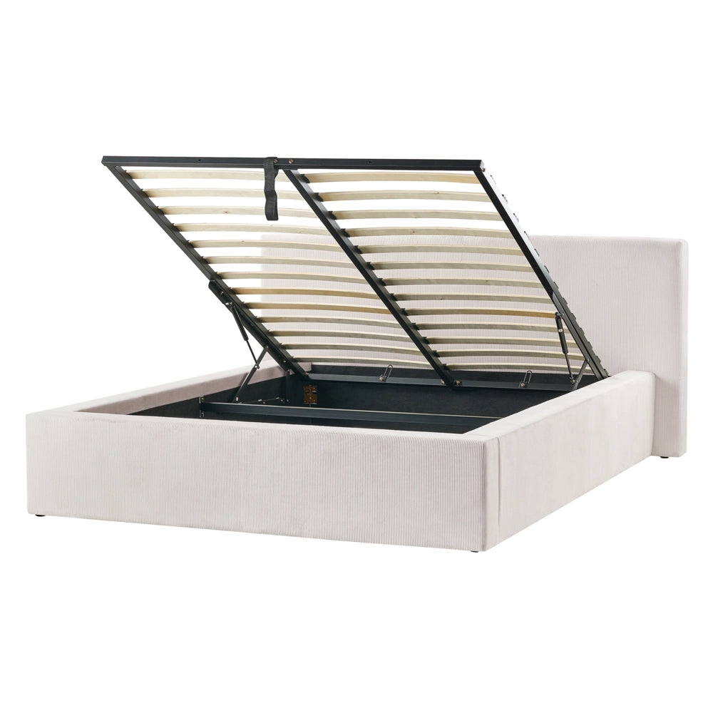 Letto con rete in velluto a coste beige chiaro rivestita in tessuto gambe in plastica contenitore 140 x 200 cm design moderno