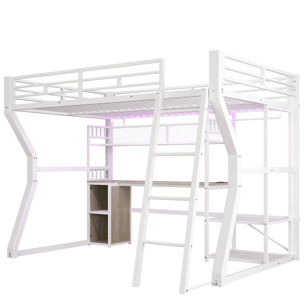 Letto a castello con scrivania e luce - Zephmum- 140x200 cm, bianco, struttura in ferro