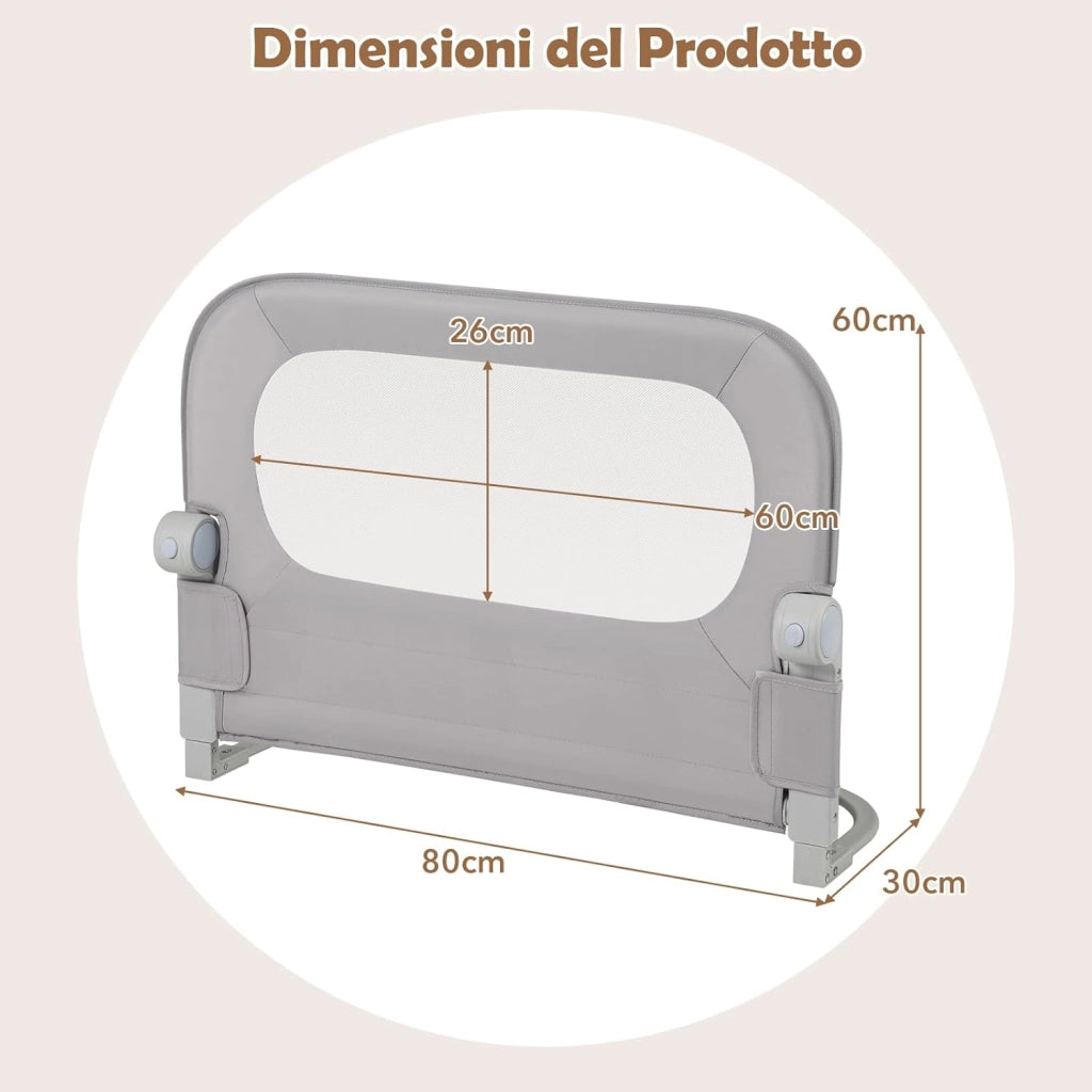 Sponda Letto per Bambini 80/120/150/180 cm, Barriera di Sicurezza per Neonati, Altezza Regolabile a 3 Livelli, Barriera Letto Pieghevole, con Cinghia di Sicurezza (80 cm,Grigio)
