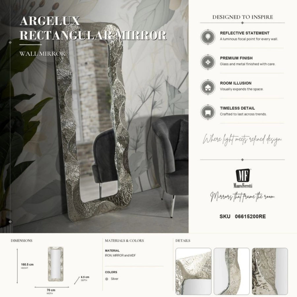 Specchio da parete Argelux rettangolare con cornice argento martellato 80x170 cm