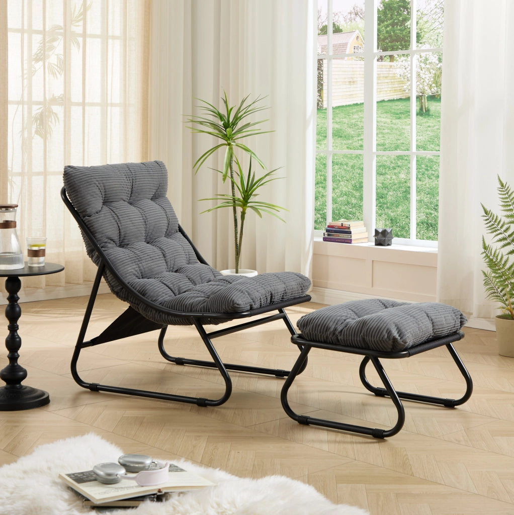 Poltrona lounge da esterno con pouf in acciaio grigio
