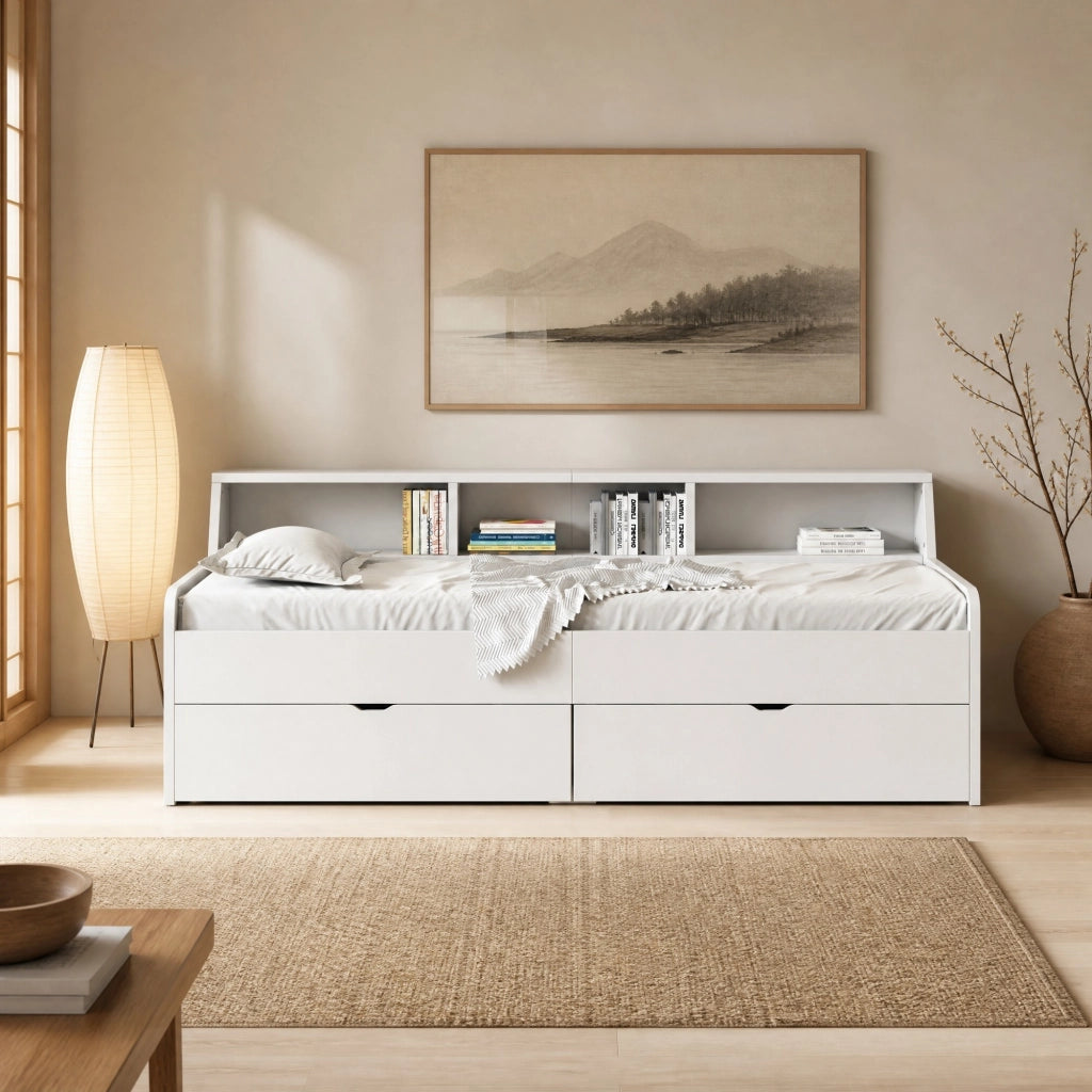 LETTO Daybed 90x200 cm con 2 cassetti e vani contenitore Bianco