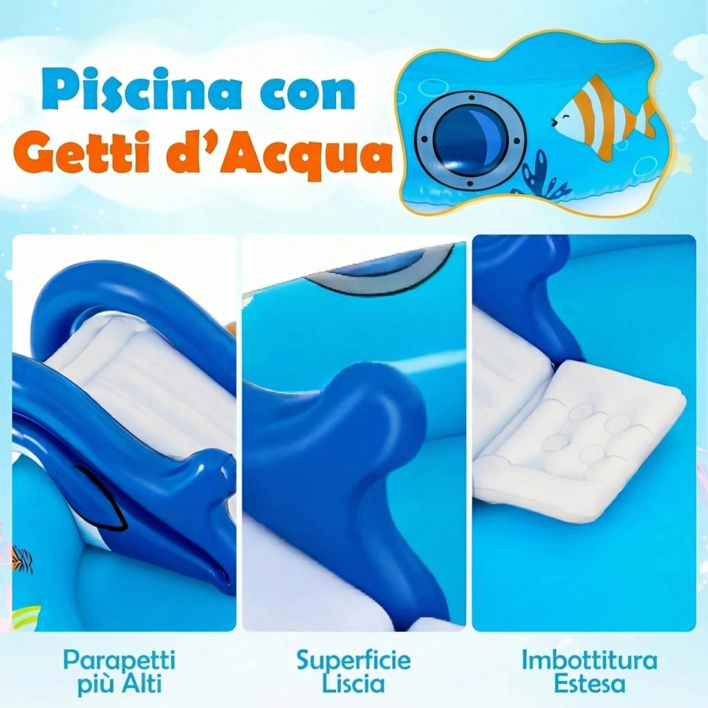 Piscina Gonfiabile per Bambini, Piscinetta Fuori Terra a Tema Marino con Spruzzo, Scivolo e 2 Pesciolini Giocattolo, Parco Gioco Acquatico Esterno per Giardino e Cortile, per Bambini 2-6 Anni