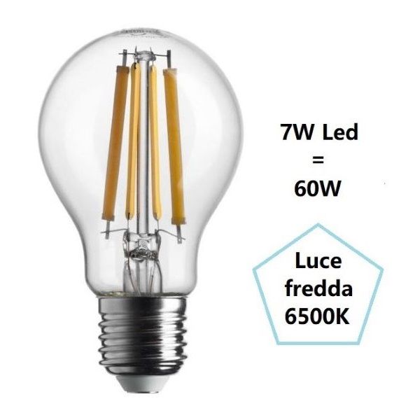 LAMPADINA GOCCIA A LED 7W LUCE FREDDA 6500K 806 LUMEN E27 VETRO TRASPARENTE BOT